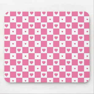 Cute Pink Hearts Girly Pink White Checker Patroon Muismat