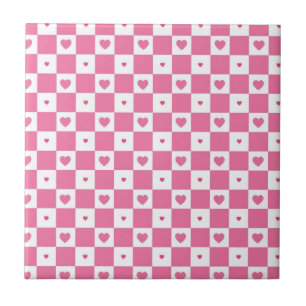 Cute Pink Hearts Girly Pink White Checker Patroon Tegeltje