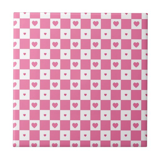Cute Pink Hearts Girly Pink White Checker Patroon Tegeltje (Voorkant)