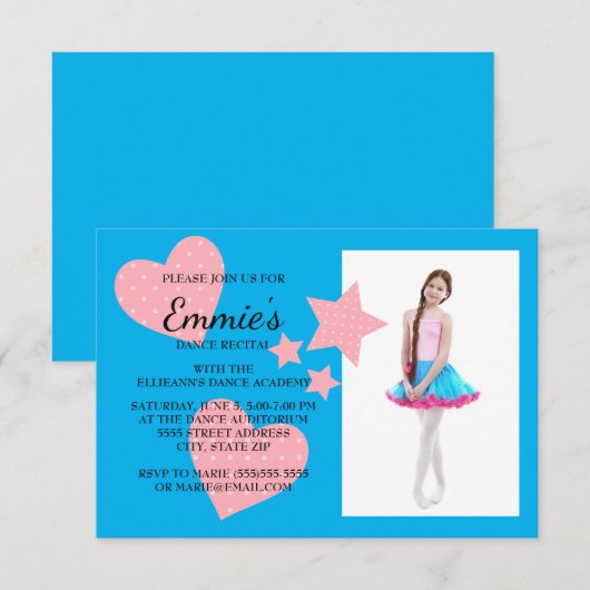 Cute Pink Hearts Stars Blue Dance Overweging Foto Kaart (Voorkant / Achterkant)