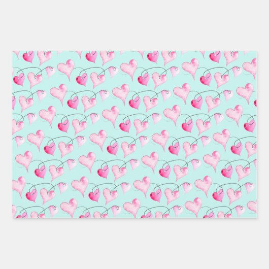 Cute Pink Hearts & Stripes Pattern Waterverf Inpakpapier Vel (Voorkant)