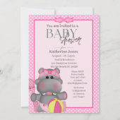 Cute Pink Hippo Baby shower Invitation Kaart (Voorkant)
