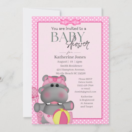 Cute Pink Hippo Baby shower Invitation Kaart (Voorkant)