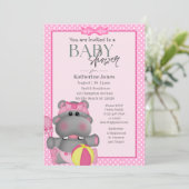 Cute Pink Hippo Baby shower Invitation Kaart (Staand voorkant)