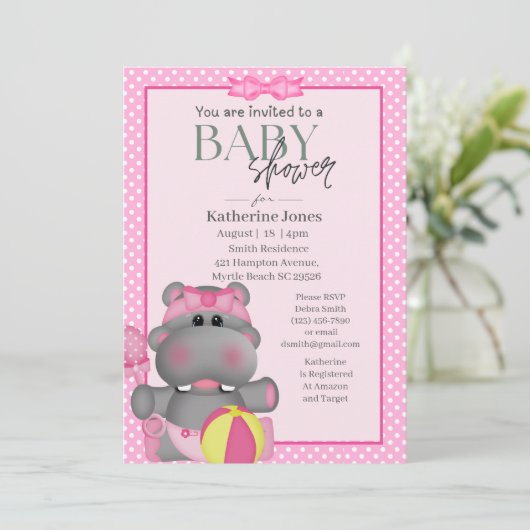 Cute Pink Hippo Baby shower Invitation Kaart (Staand voorkant)