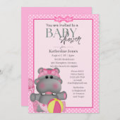 Cute Pink Hippo Baby shower Invitation Kaart (Voorkant / Achterkant)
