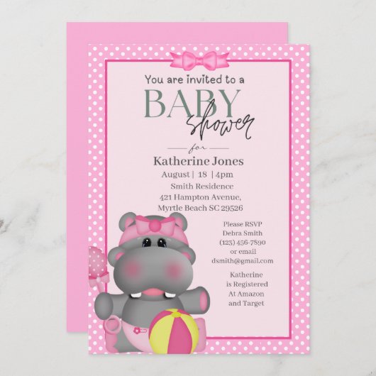 Cute Pink Hippo Baby shower Invitation Kaart (Voorkant / Achterkant)