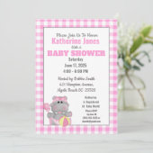 Cute Pink Hippo Baby shower Invitation Kaart (Staand voorkant)