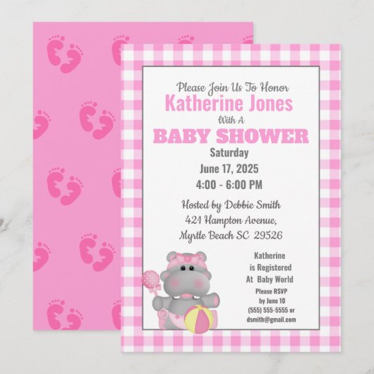 Cute Pink Hippo Baby shower Invitation Kaart (Voorkant / Achterkant)