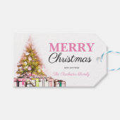 Cute Pink Holiday Tree Merry Kerstparty Cadeaulabel (Voorkant (Horizontaal))
