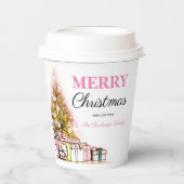 Cute Pink Holiday Tree Merry Kerstparty Papieren Bekers (Voorkant)