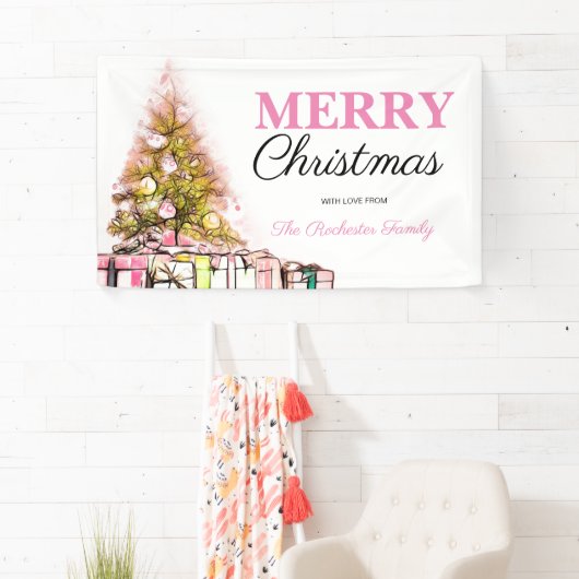 Cute Pink Holiday Tree Merry Kerstparty Spandoek (Insitu)