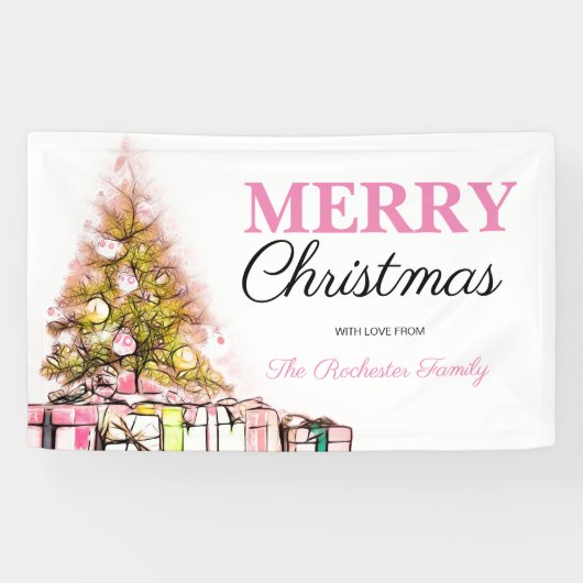 Cute Pink Holiday Tree Merry Kerstparty Spandoek (Horizontaal)