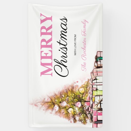 Cute Pink Holiday Tree Merry Kerstparty Spandoek (Verticaal)