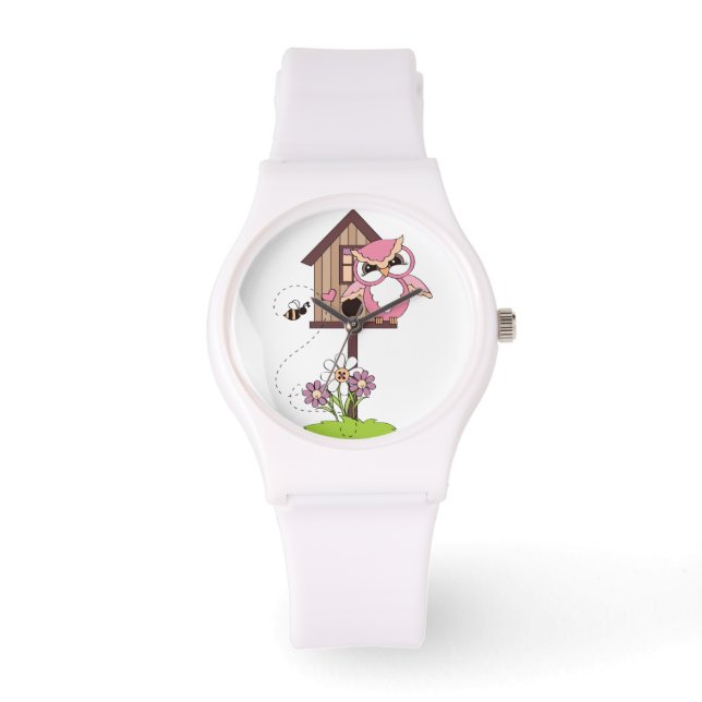 Cute Pink Hoot Owl and Birdhouse Horloge (Voorkant)