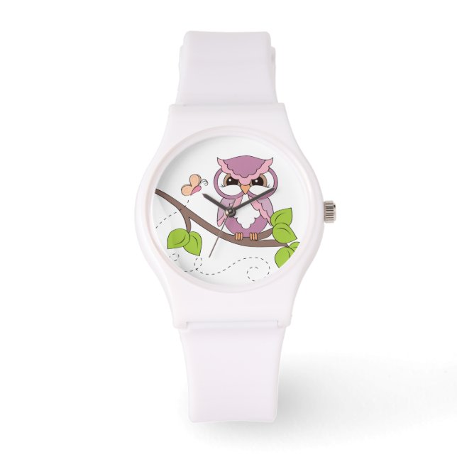 Cute Pink Hoot Owl on Branch Horloge (Voorkant)