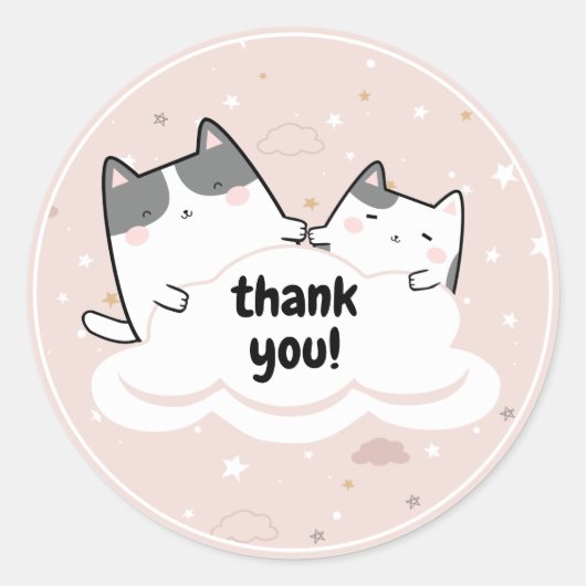 Cute Pink Kawaii Cat Sparkle Bedankt Clouds Ronde Sticker (Voorkant)