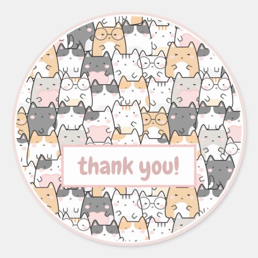 Cute Pink Kawaii Cats Kittens Pattern Hartelijk da Ronde Sticker (Voorkant)