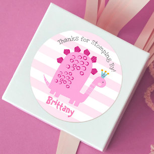 Cute Pink Kawaii Dinosaur Girl Birthday Hartelijk  Ronde Sticker