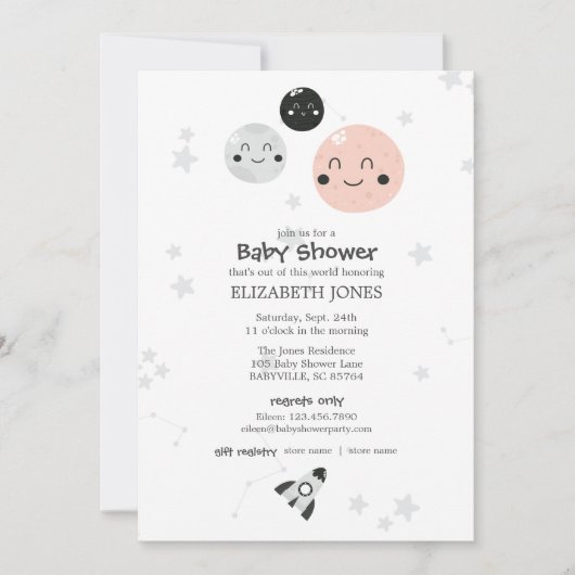 Cute Pink Kawaii Planet and Moons Baby shower Kaart (Voorkant)