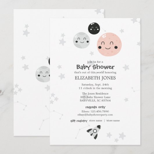 Cute Pink Kawaii Planet and Moons Baby shower Kaart (Voorkant / Achterkant)
