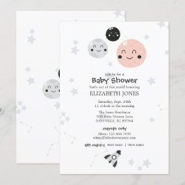 Cute Pink Kawaii Planet and Moons Baby shower Kaart