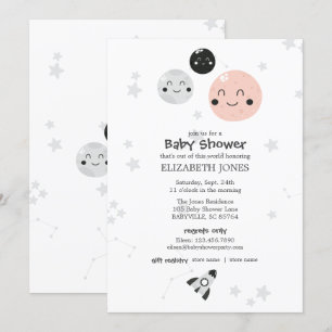 Cute Pink Kawaii Planet and Moons Baby shower Kaart