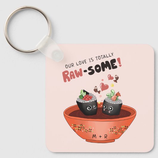 Cute Pink Kawaii Sushi in Love Valentijnsdag Sleutelhanger (Voorkant)