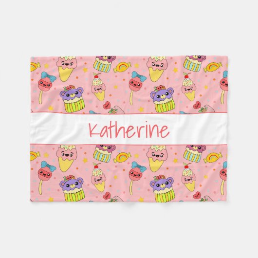 Cute Pink Kawaii Sweet Food Cartoon Pattern Kinder Fleece Deken (Voorkant (Horizontaal))