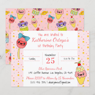 Cute Pink Kawaii Sweets Happy 1st Birthday Party Kaart