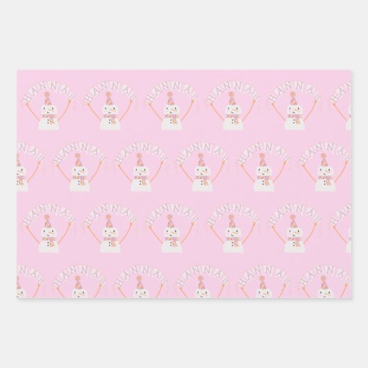 Cute Pink kerstmis Snowman Kinder Custom Inpakpapier Vel (Voorkant)