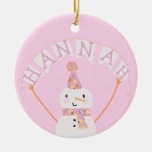 Cute Pink kerstmis Snowman Kinder Custom Keramisch Ornament