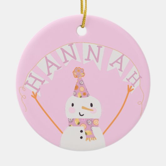 Cute Pink kerstmis Snowman Kinder Custom Keramisch Ornament (Voorkant)