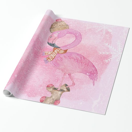 Cute Pink Kerstwinter Flamingo Bird Cadeaupapier (Uitgerold)