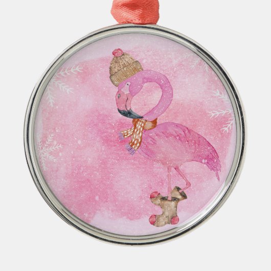 Cute Pink Kerstwinter Flamingo Bird Metalen Ornament (Voorkant)