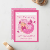 Cute Pink Kids Mermaid Valentine Notitiekaartje (Voorkant / Achterkant in situ)