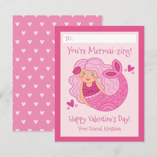 Cute Pink Kids Mermaid Valentine Notitiekaartje (Voorkant / Achterkant)