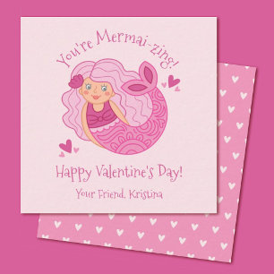 Cute Pink Kinder Mermaid Valentijn Note Card Notitiekaartje