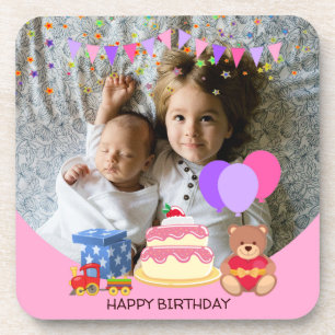 Cute Pink Kinder Toys Birthday Celebration Foto Bier Onderzetter
