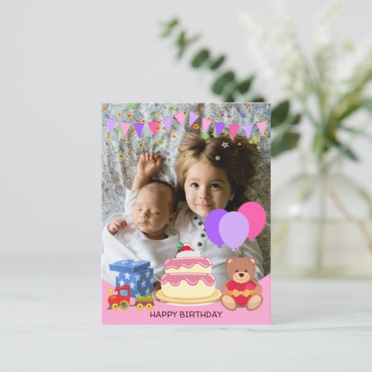 Cute Pink Kinder Toys Birthday Celebration Foto Briefkaart (Staand voorkant)
