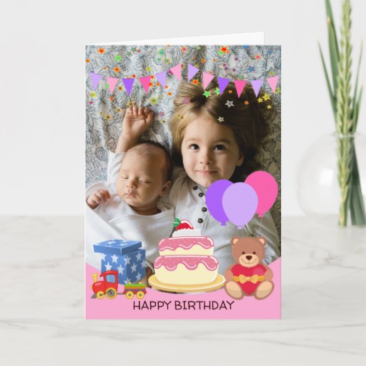 Cute Pink Kinder Toys Birthday Celebration Foto Kaart (Voorkant)