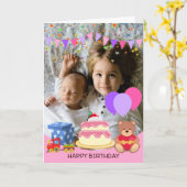 Cute Pink Kinder Toys Birthday Celebration Foto Kaart (Gele Bloem)