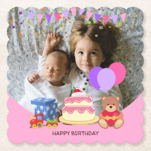 Cute Pink Kinder Toys Birthday Celebration Foto Kartonnen Onderzetters