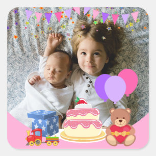 Cute Pink Kinder Toys Birthday Celebration Foto Vierkante Sticker