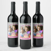 Cute Pink Kinder Toys Birthday Celebration Foto Wijn Etiket (Flessen)
