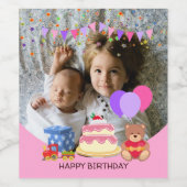 Cute Pink Kinder Toys Birthday Celebration Foto Wijn Etiket (Enkel label)
