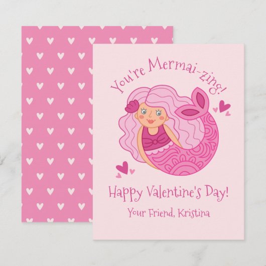 Cute Pink Kinder Valentijn Mermaid Notitiekaartje (Voorkant / Achterkant)