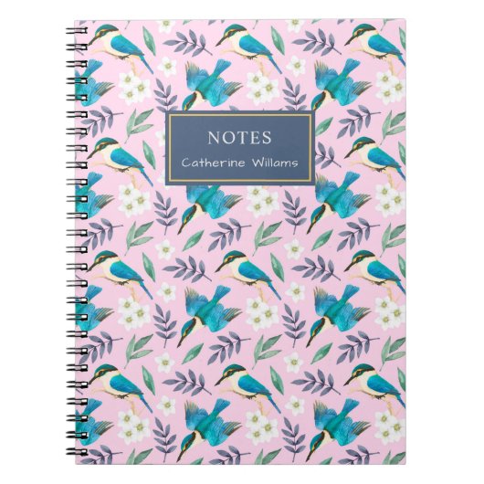 Cute Pink Kingfisher Birds Floral Pattern Name Notitieboek (Voorkant)