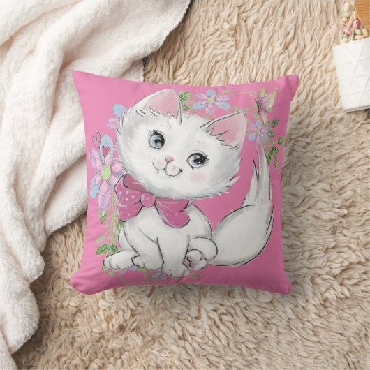 Cute Pink Kitten en Flowers Girls Kussen (Deken)