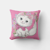 Cute Pink Kitten en Flowers Girls Kussen (Voorkant)